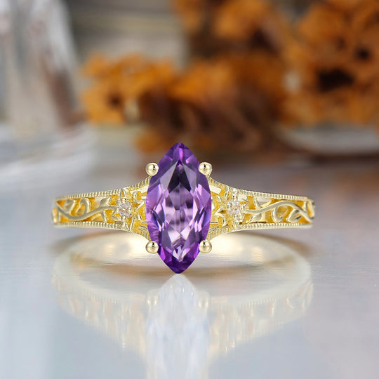 Brilliant Amethyst Engagement Ring Openwork Floral Vine Design Ring For Women