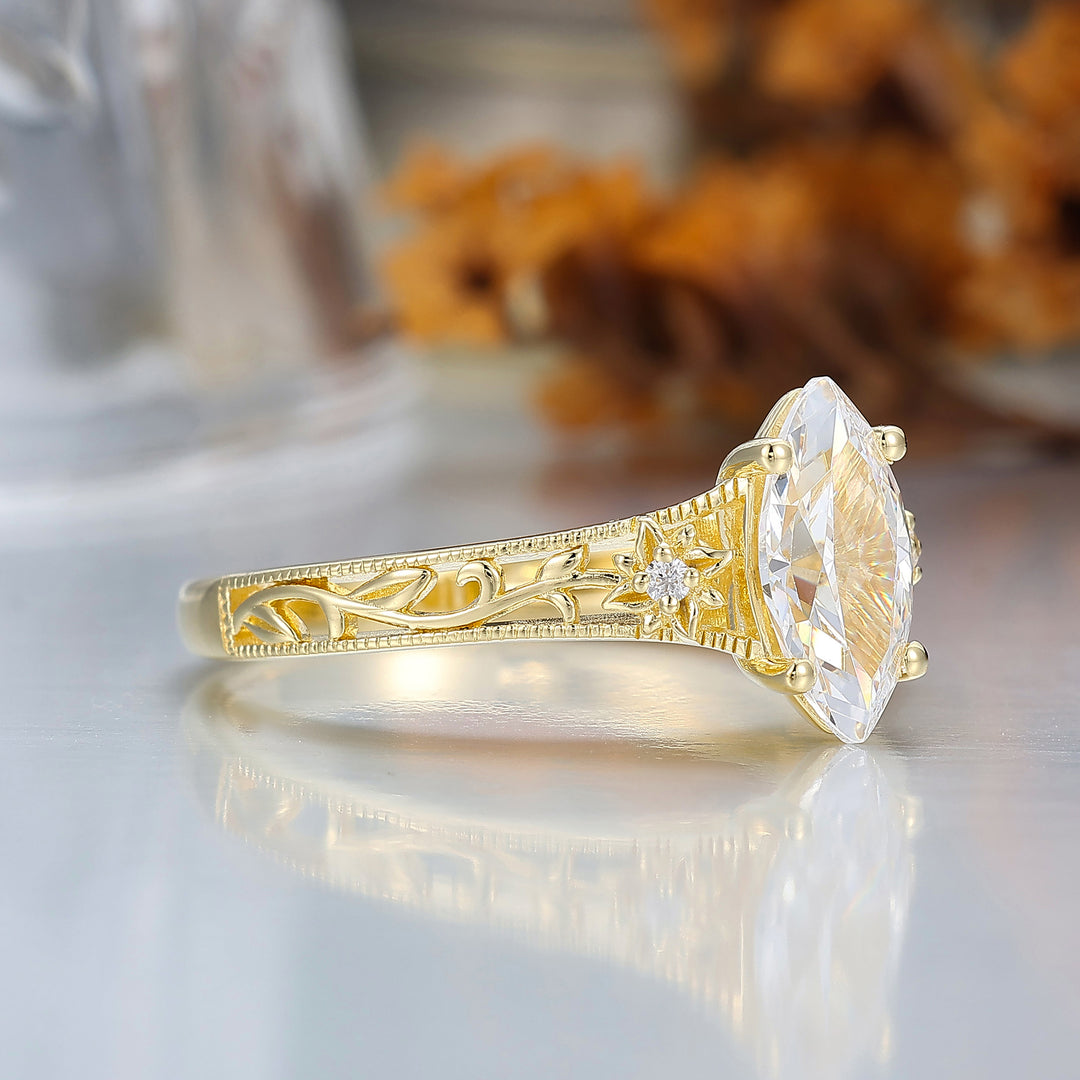Openwork Filigrane Bague Marquise Taille Moissanite Motif Vigne Florale Bague de Mariage Moissanite Or Jaune