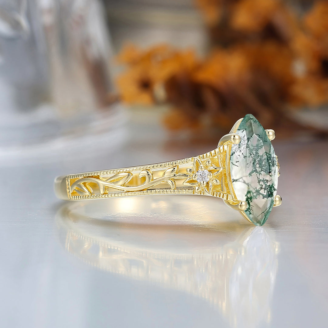 Openwork Blumen Marquise Schliff Grüner Moosachat Verlobungsring Vintage Filigranring für Damen