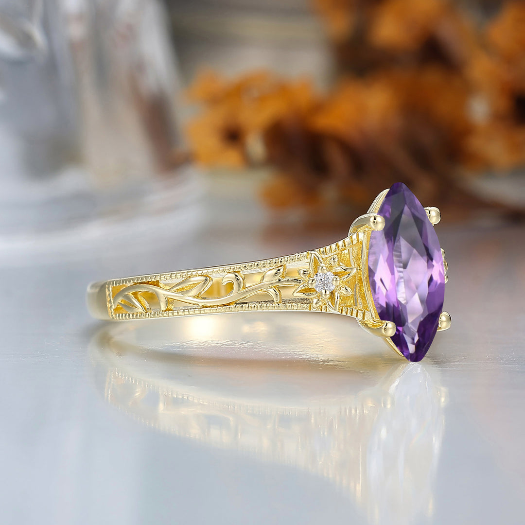 Brilliant Amethyst Engagement Ring Openwork Floral Vine Design Ring For Women
