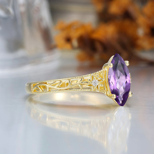 Brilliant Amethyst Engagement Ring Openwork Floral Vine Design Ring For Women