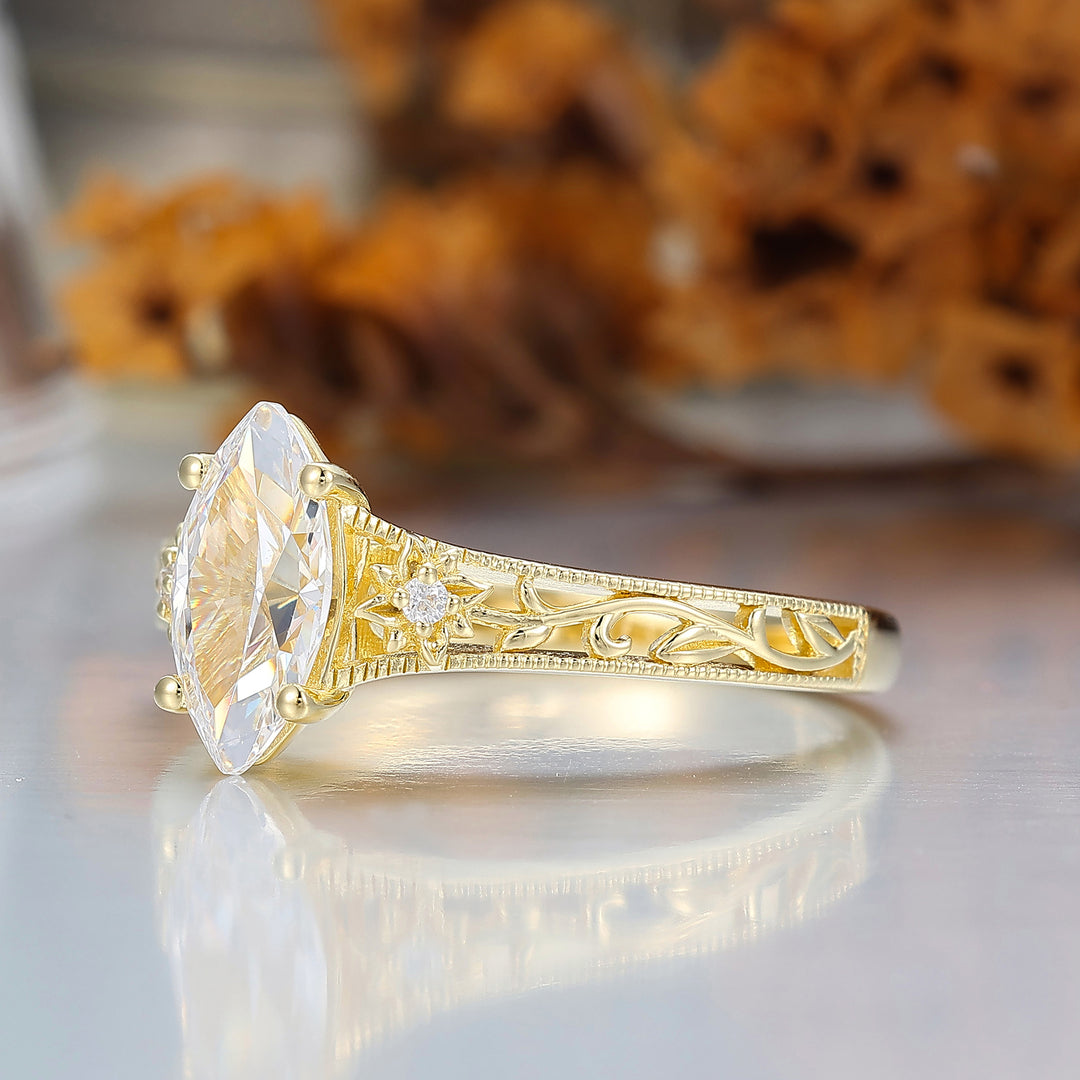 Openwork Filigrane Bague Marquise Taille Moissanite Motif Vigne Florale Bague de Mariage Moissanite Or Jaune