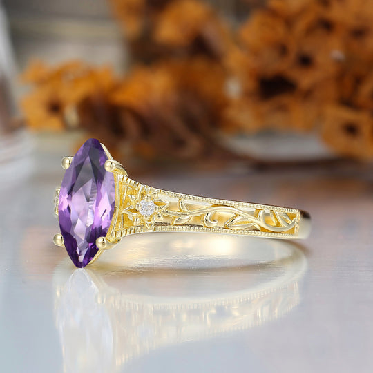 Brilliant Amethyst Engagement Ring Openwork Floral Vine Design Ring For Women