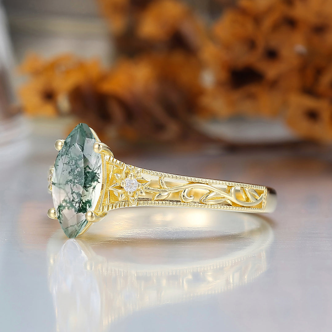 Openwork Blumen Marquise Schliff Grüner Moosachat Verlobungsring Vintage Filigranring für Damen