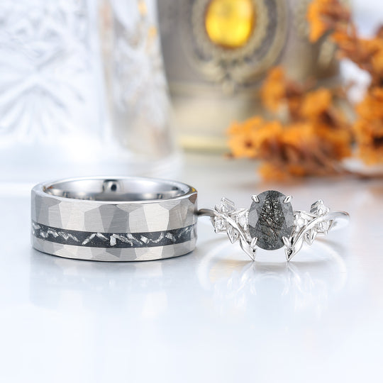 Dainty Black Rutilated Quartz Leaf Couples Ring Meteorite Tungsten Matching Ring -  Esdomera.com