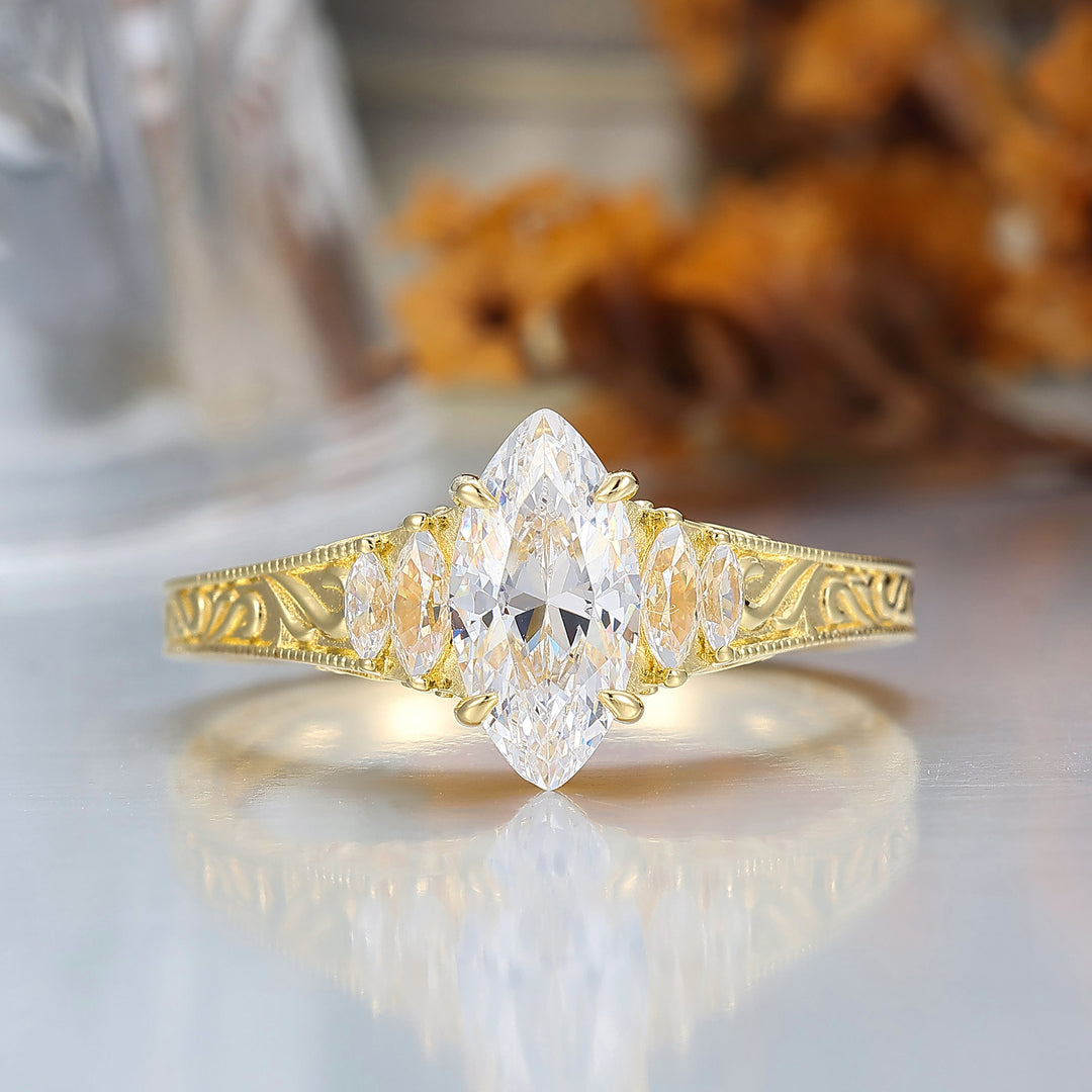 Vintage Leaf Vine Engraved Moissanite Engagement Ring Marquise Cut Moissanite Wedding Ring