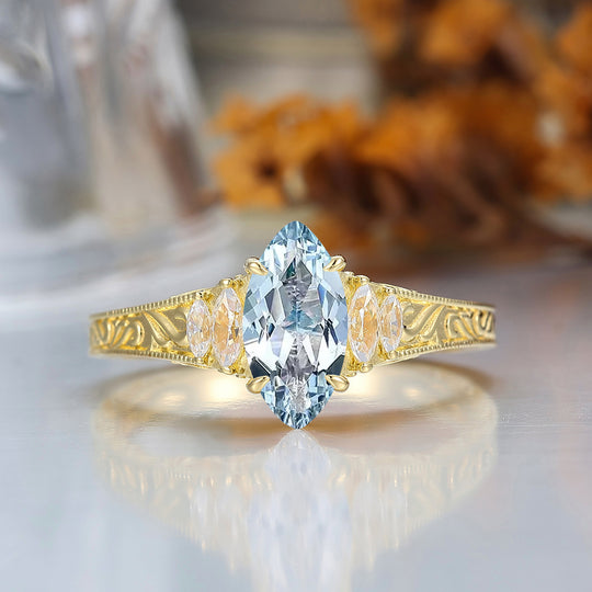 Vintage Leaf Vine Engraved Aquamarine Engagement Ring Marquise Cut Moissanite Wedding Ring