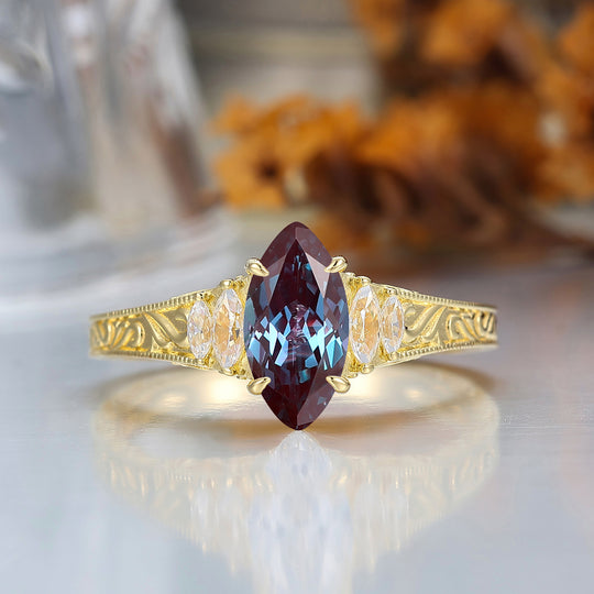 Vintage Leaf Vine Engraved Alexandrite Engagement Ring Marquise Cut Wedding Ring
