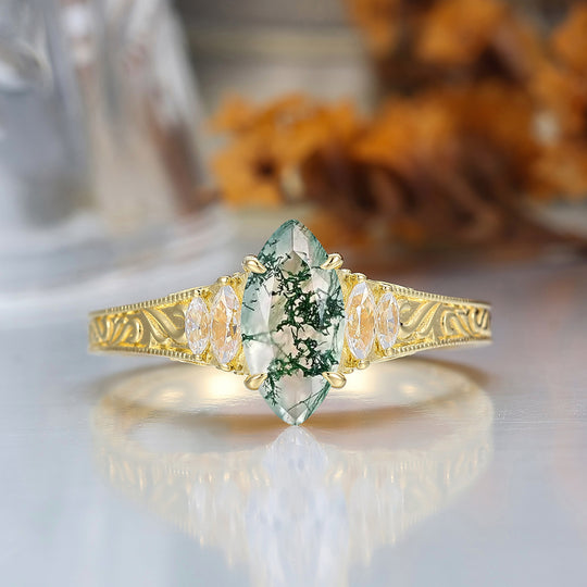 Vintage Leaf Vine Engraved Natural Moss Agate Engagement Ring Marquise Cut  Wedding Ring