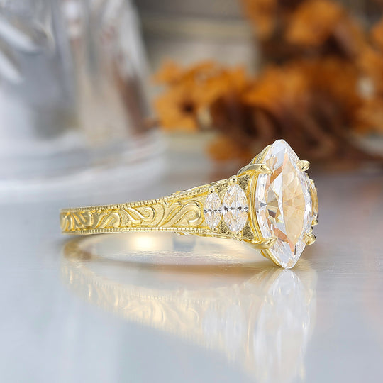 Vintage Leaf Vine Engraved Moissanite Engagement Ring Marquise Cut Moissanite Wedding Ring