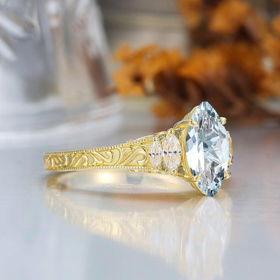 Vintage Leaf Vine Engraved Aquamarine Engagement Ring Marquise Cut Moissanite Wedding Ring