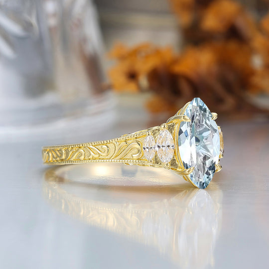 Vintage Leaf Vine Engraved Aquamarine Engagement Ring Marquise Cut Moissanite Wedding Ring