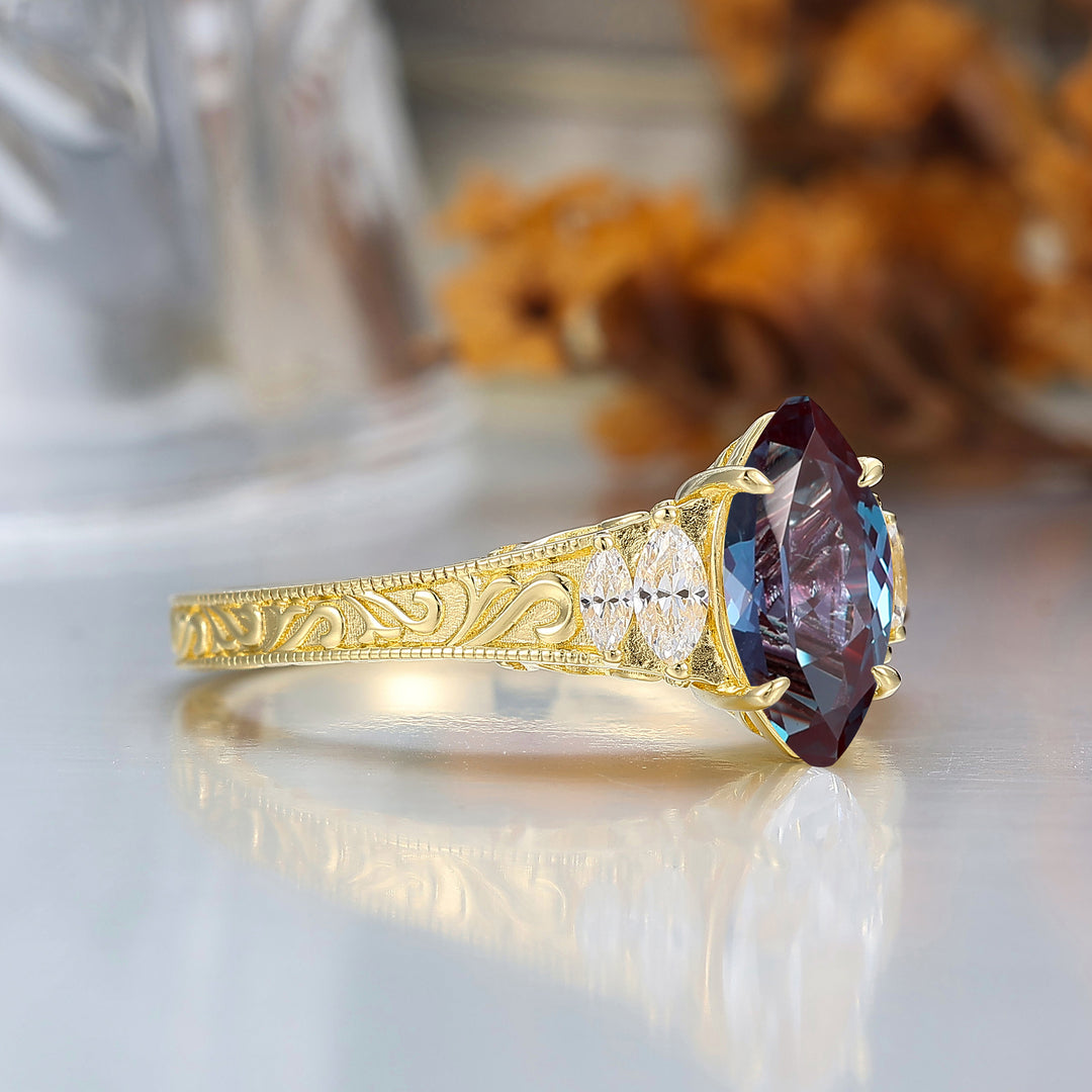 Vintage Leaf Vine Engraved Alexandrite Engagement Ring Marquise Cut Wedding Ring