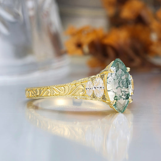 Vintage Leaf Vine Engraved Natural Moss Agate Engagement Ring Marquise Cut  Wedding Ring