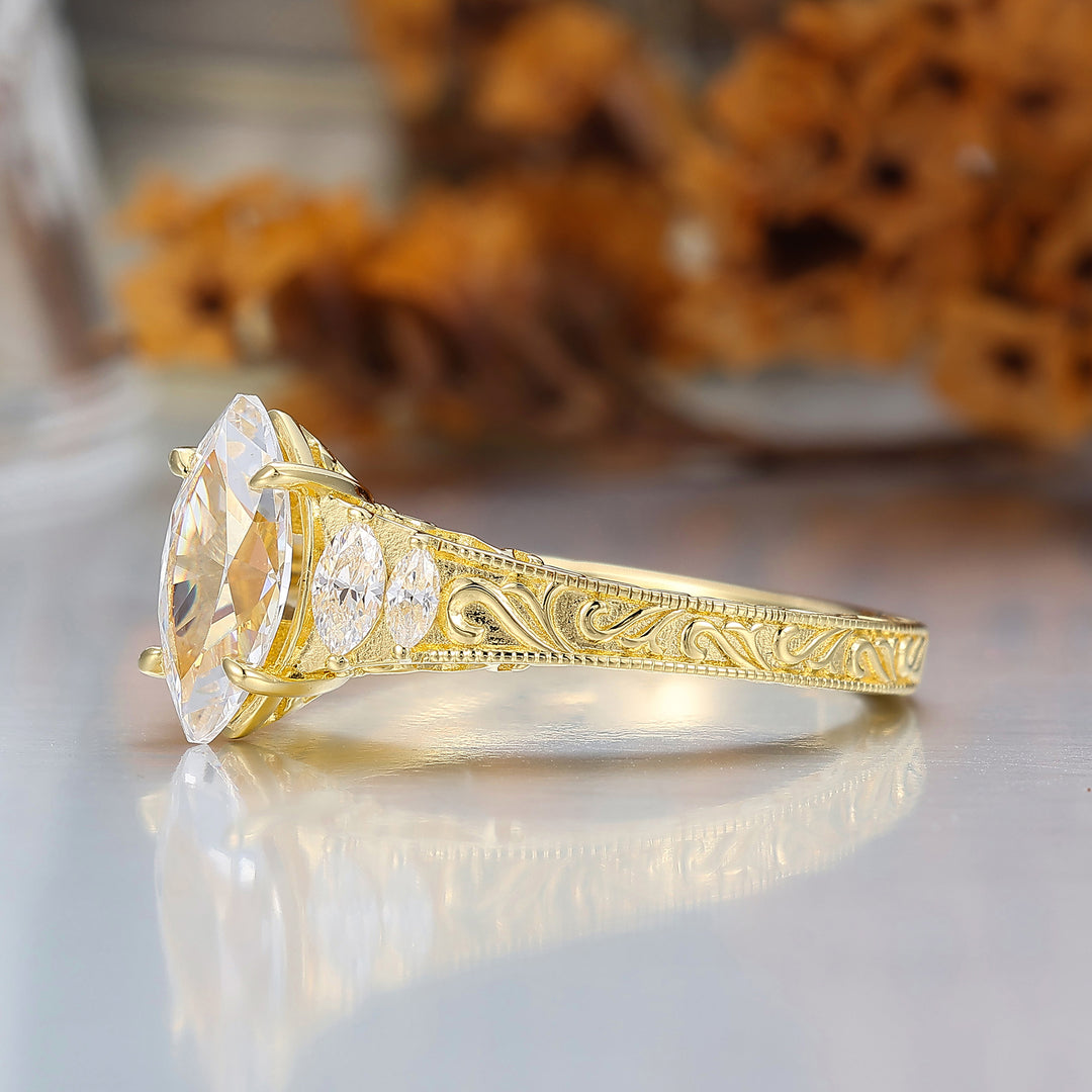 Vintage Leaf Vine Engraved Moissanite Engagement Ring Marquise Cut Moissanite Wedding Ring