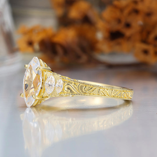 Vintage Leaf Vine Engraved Moissanite Engagement Ring Marquise Cut Moissanite Wedding Ring