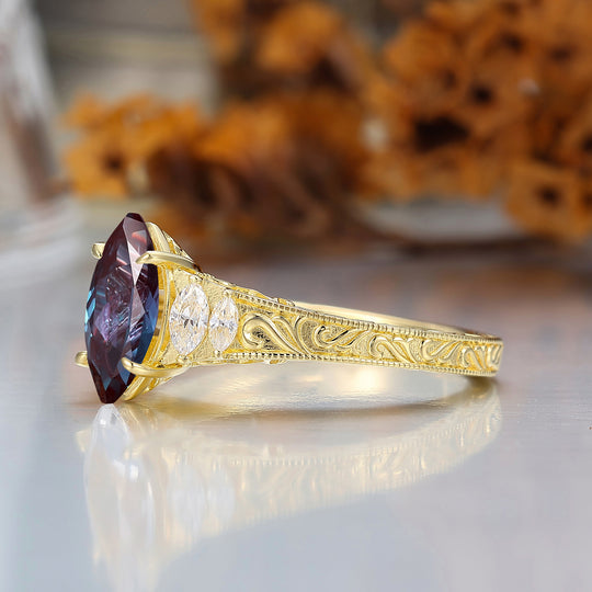 Vintage Leaf Vine Engraved Alexandrite Engagement Ring Marquise Cut Wedding Ring