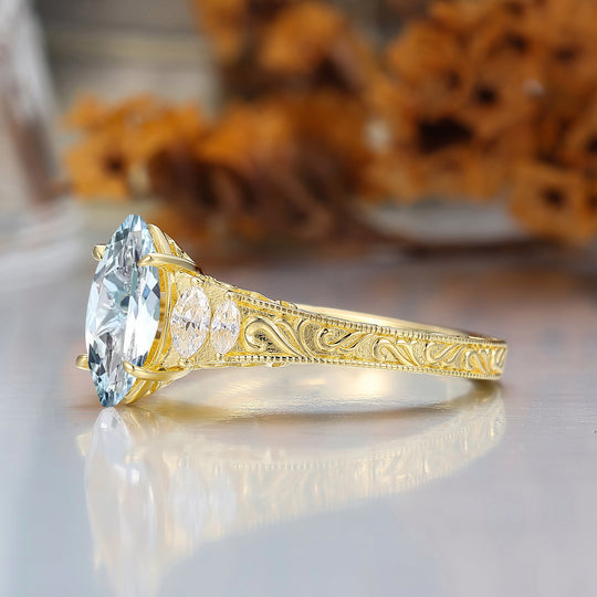 Vintage Leaf Vine Engraved Aquamarine Engagement Ring Marquise Cut Moissanite Wedding Ring