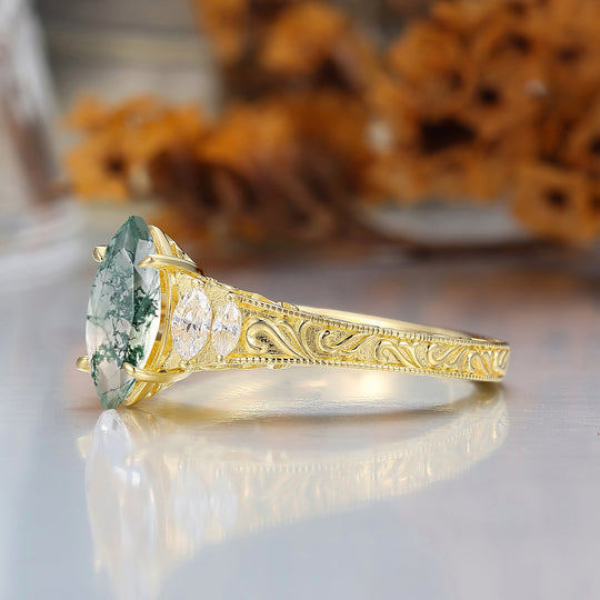 Vintage Leaf Vine Engraved Natural Moss Agate Engagement Ring Marquise Cut  Wedding Ring