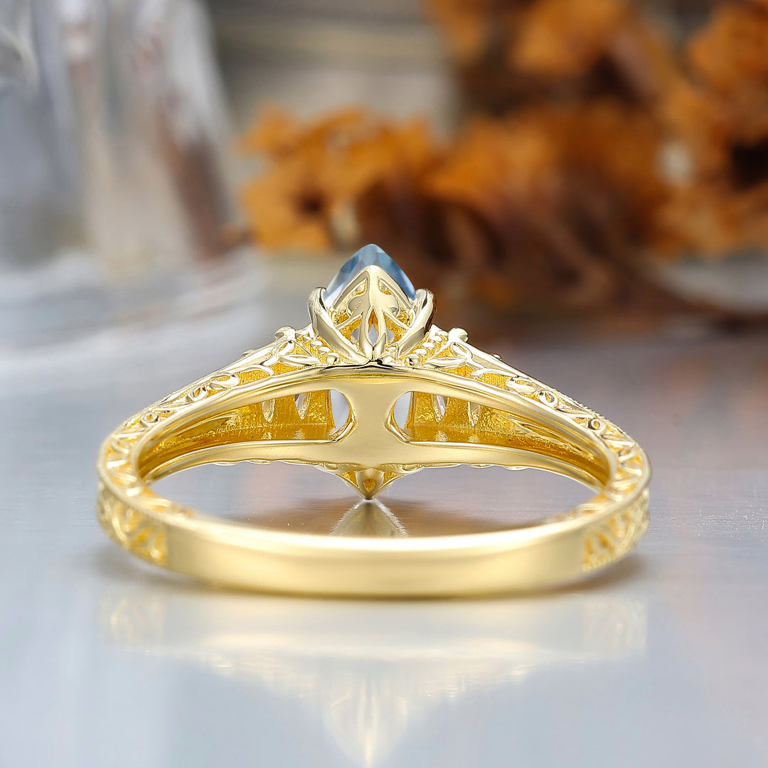 Vintage Leaf Vine Engraved Aquamarine Engagement Ring Marquise Cut Moissanite Wedding Ring
