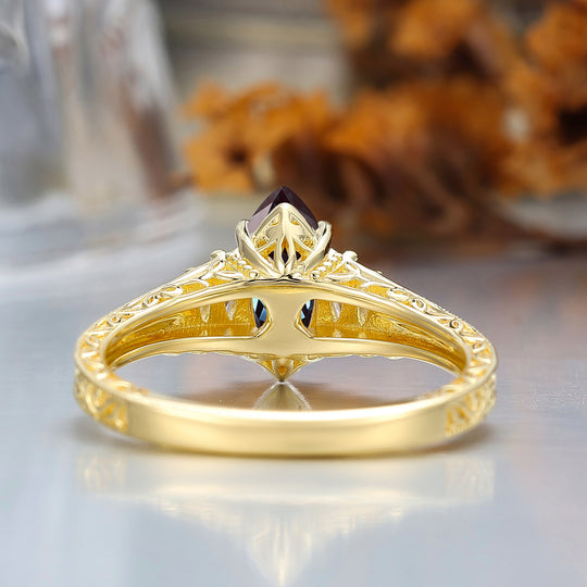 Vintage Leaf Vine Engraved Alexandrite Engagement Ring Marquise Cut Wedding Ring