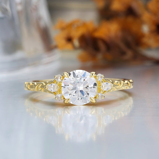 Round Filigree Vintage 14K Yellow Gold Moissanite Engagement Ring Filigree Wedding Ring