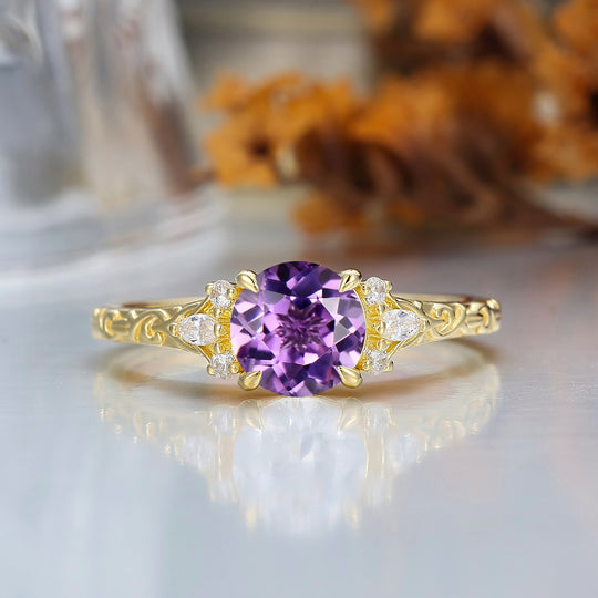 Round Filigree Vintage 14K Yellow Gold Natural Amethyst Engagement Ring Filigree Wedding Ring