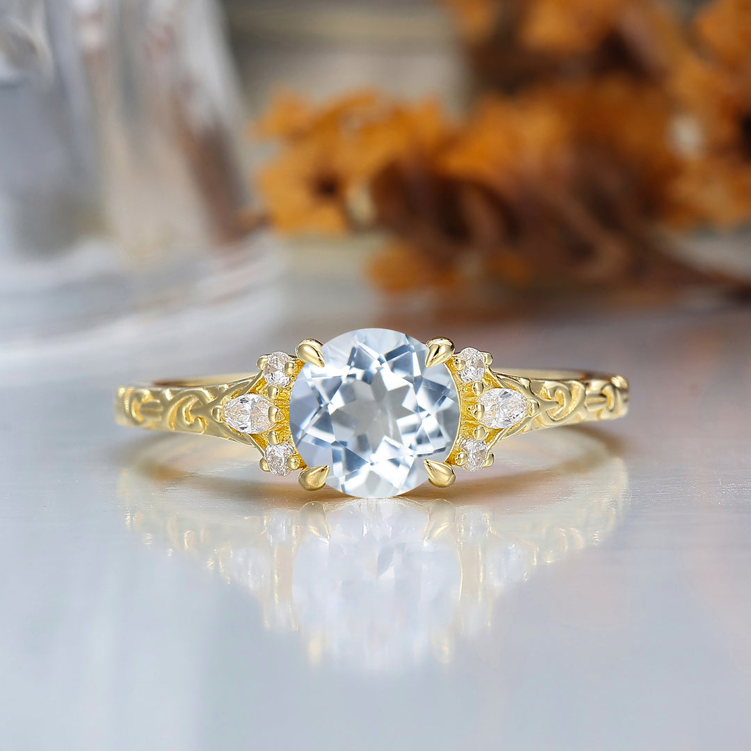 Round Filigree Vintage 14K Yellow Gold Aquamarine Engagement Ring Filigree Wedding Ring