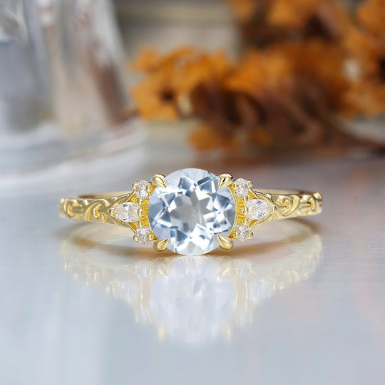 Round Filigree Vintage 14K Yellow Gold Aquamarine Engagement Ring Filigree Wedding Ring