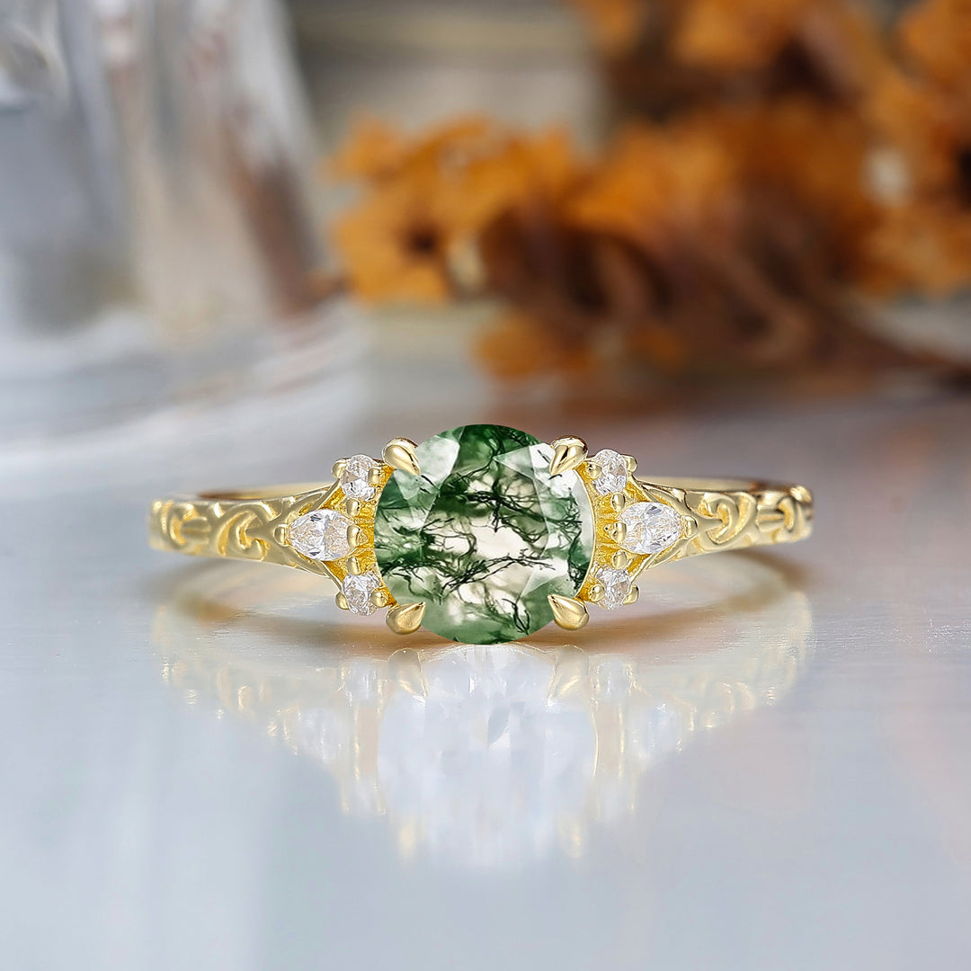 Round Filigree Vintage 14K Yellow Gold Natural Moss Agate Engagement Ring Filigree Wedding Ring