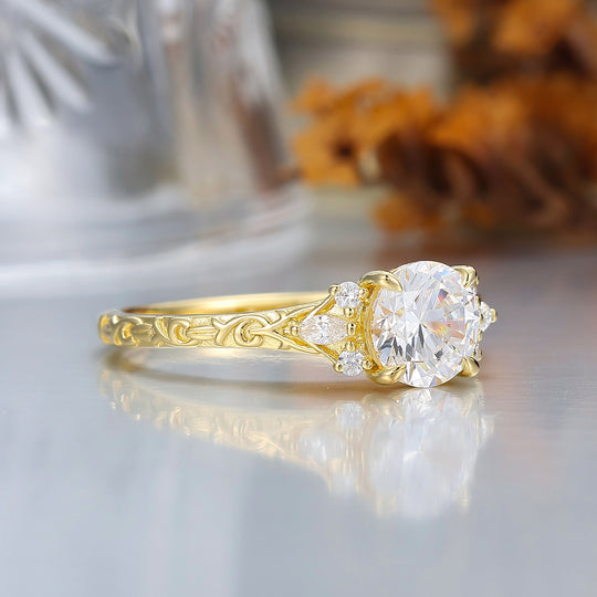 Round Filigree Vintage 14K Yellow Gold Moissanite Engagement Ring Filigree Wedding Ring