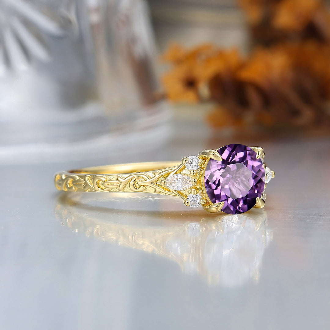 Round Filigree Vintage 14K Yellow Gold Natural Amethyst Engagement Ring Filigree Wedding Ring