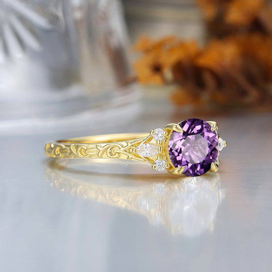 Round Filigree Vintage 14K Yellow Gold Natural Amethyst Engagement Ring Filigree Wedding Ring