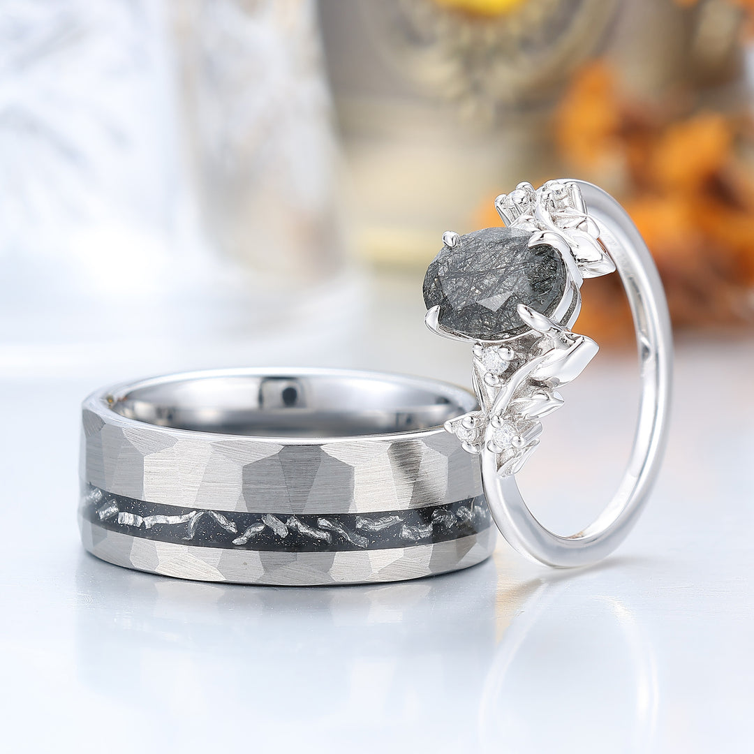 Dainty Black Rutilated Quartz Leaf Couples Ring Meteorite Tungsten Matching Ring -  Esdomera.com