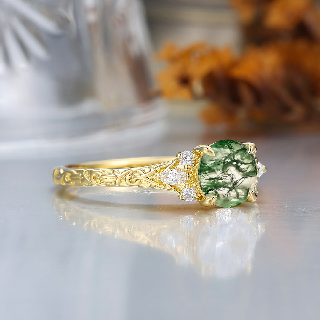 Round Filigree Vintage 14K Yellow Gold Natural Moss Agate Engagement Ring Filigree Wedding Ring