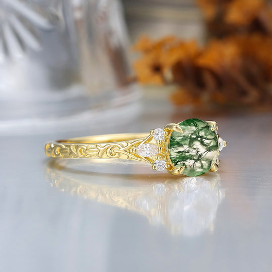 Round Filigree Vintage 14K Yellow Gold Natural Moss Agate Engagement Ring Filigree Wedding Ring
