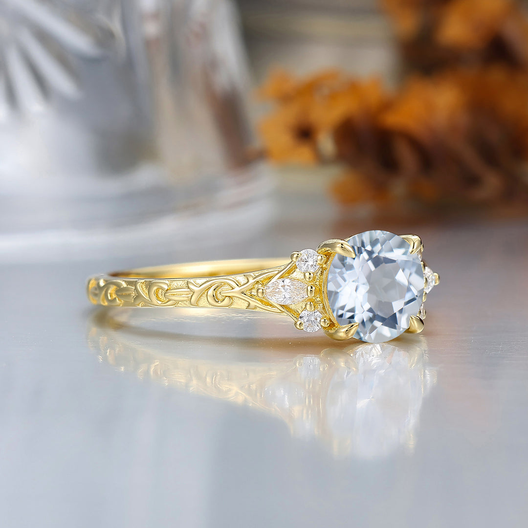 Round Filigree Vintage 14K Yellow Gold Aquamarine Engagement Ring Filigree Wedding Ring