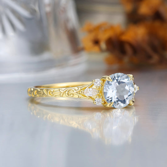 Round Filigree Vintage 14K Yellow Gold Aquamarine Engagement Ring Filigree Wedding Ring
