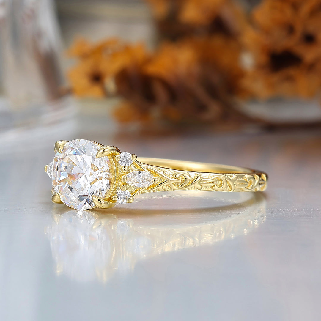 Round Filigree Vintage 14K Yellow Gold Moissanite Engagement Ring Filigree Wedding Ring