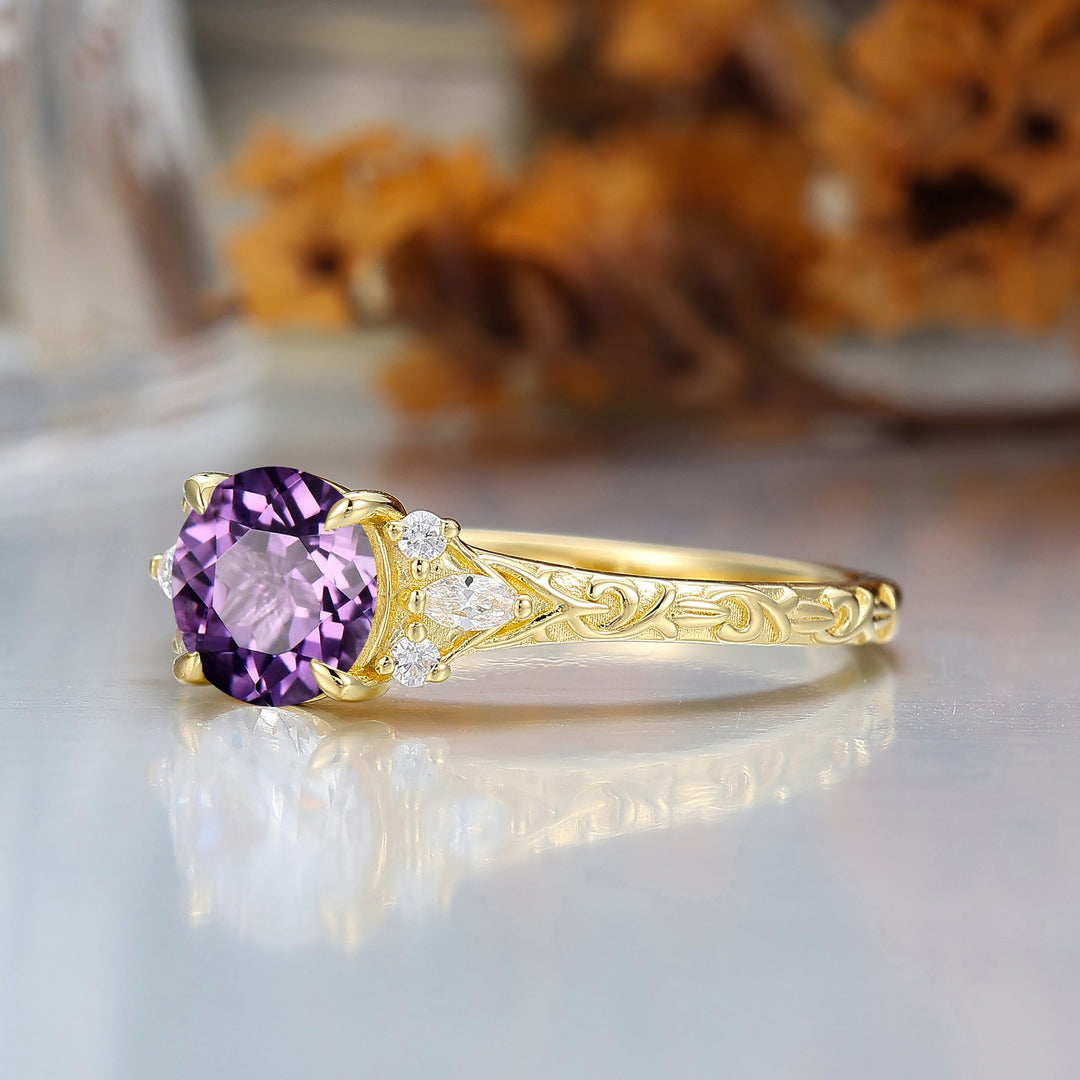 Round Filigree Vintage 14K Yellow Gold Natural Amethyst Engagement Ring Filigree Wedding Ring