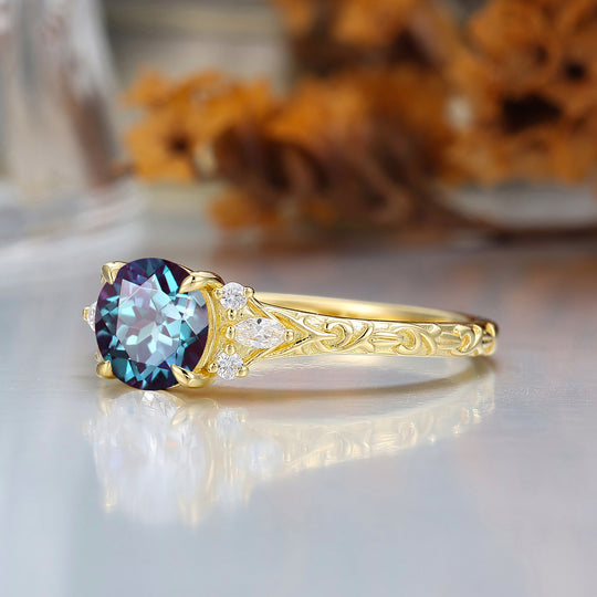 Round Filigree Vintage 14K Yellow Gold Alexandrite Engagement Ring Filigree Wedding Ring