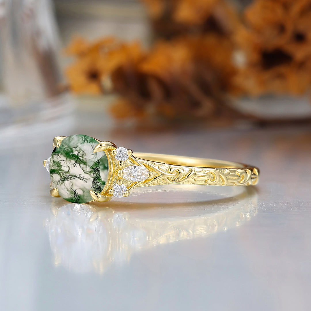 Round Filigree Vintage 14K Yellow Gold Natural Moss Agate Engagement Ring Filigree Wedding Ring