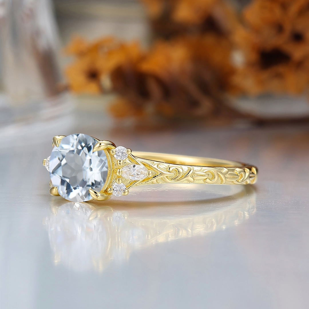 Round Filigree Vintage 14K Yellow Gold Aquamarine Engagement Ring Filigree Wedding Ring
