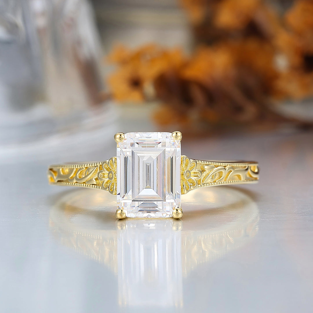 14K Solid Gold Solitaire 2CT Emerald Cut Filigreed Moissanite Bridal Ring Baroque-inspired Women Ring