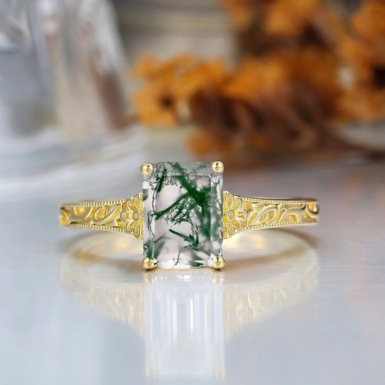14K Solid Gold Solitaire 2CT Emerald Cut Filigreed Moss Agate Bridal Ring Baroque-inspired Women Ring