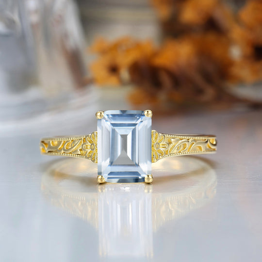 14K Solid Gold Solitaire 2CT Emerald Cut Filigreed Aquamarine Bridal Ring Baroque-inspired Women Ring