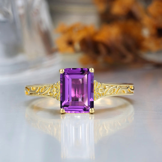14K Solid Gold Solitaire 2CT Emerald Cut Filigreed Amethyst Bridal Ring Baroque-inspired Women Ring