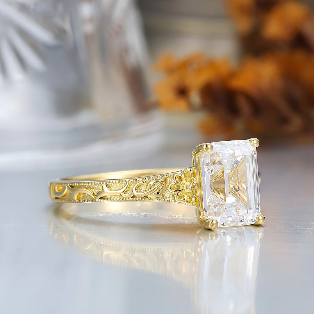 14K Solid Gold Solitaire 2CT Emerald Cut Filigreed Moissanite Bridal Ring Baroque-inspired Women Ring