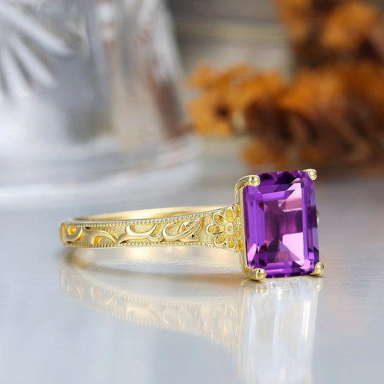 14K Solid Gold Solitaire 2CT Emerald Cut Filigreed Amethyst Bridal Ring Baroque-inspired Women Ring