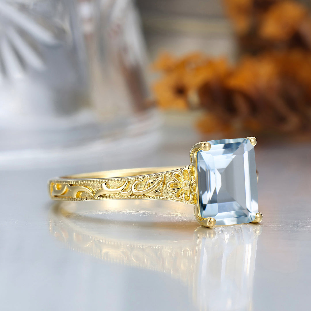 14K Solid Gold Solitaire 2CT Emerald Cut Filigreed Aquamarine Bridal Ring Baroque-inspired Women Ring